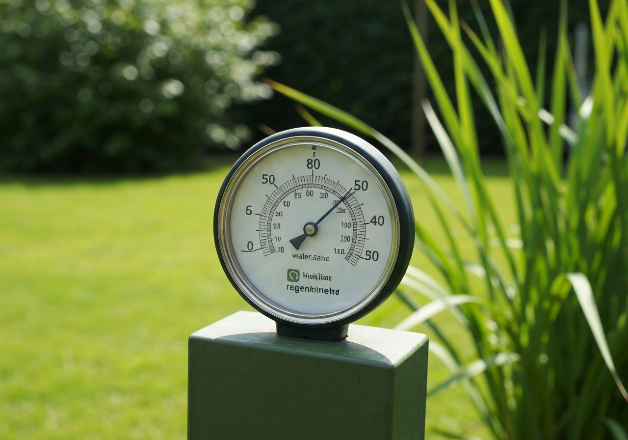 Regenmeter in een tuin op een gazon, met zichtbare waterstand na het sproeien bij warm weer