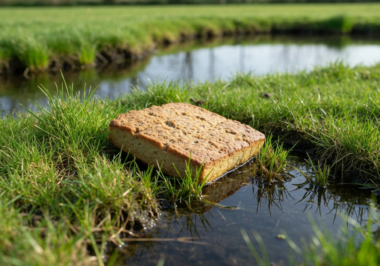 Tuin met zompige, modderige bodem en stilstaand water in een klein stuk gazon