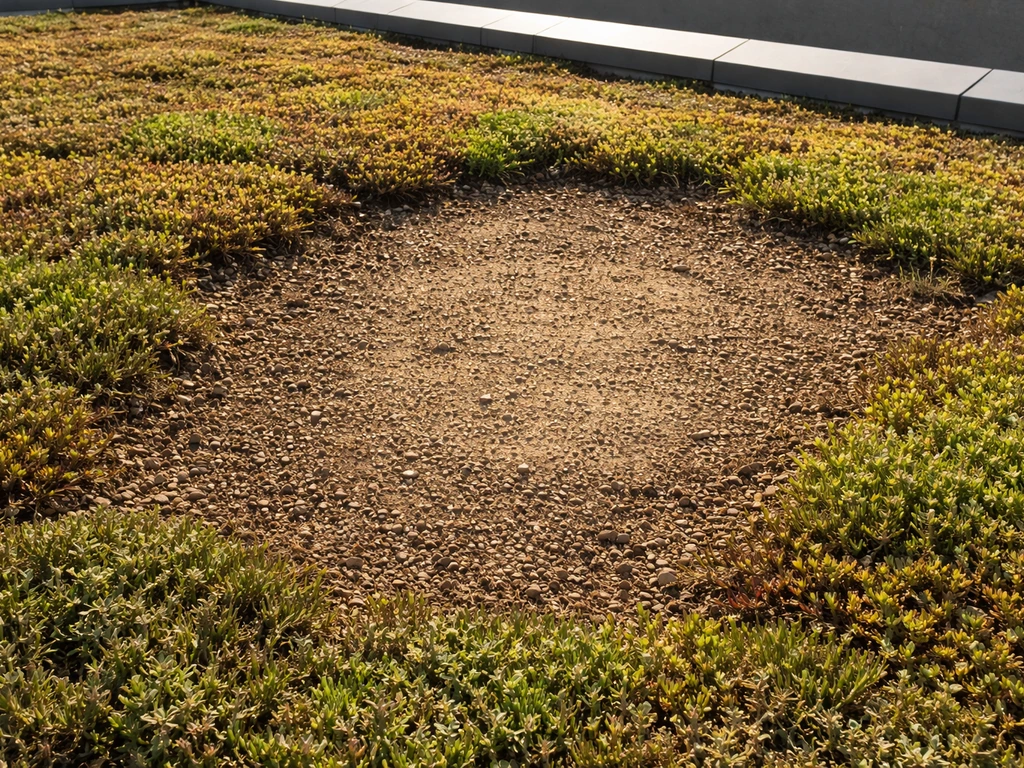 Uitgedroogde kale plek op een groendak met nog groene vegetatie ernaast en zonbeschenen randen