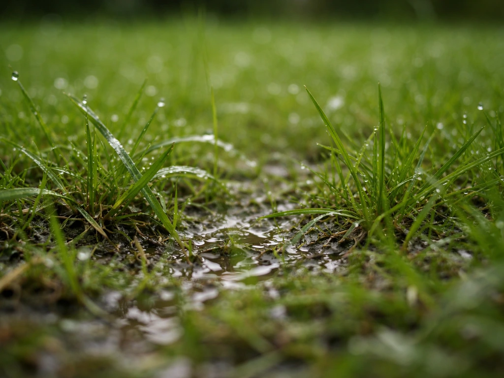 Regen op nat gras met zichtbare plassen en bladnat, als waarschuwing dat kalken bij te nat weer niet handig is.