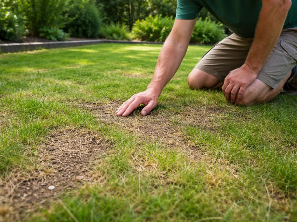 Close-up van een dun gazon met open en lichte plekken, terwijl iemand de oorzaak inschat in de tuin.