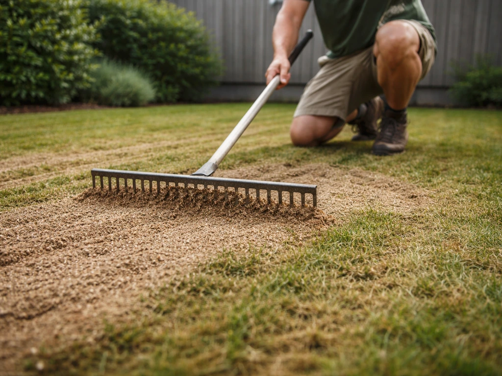 Anonieme tuinier die met een hark een dun zand-compostlaagje uitspreidt over een gazon na beluchten