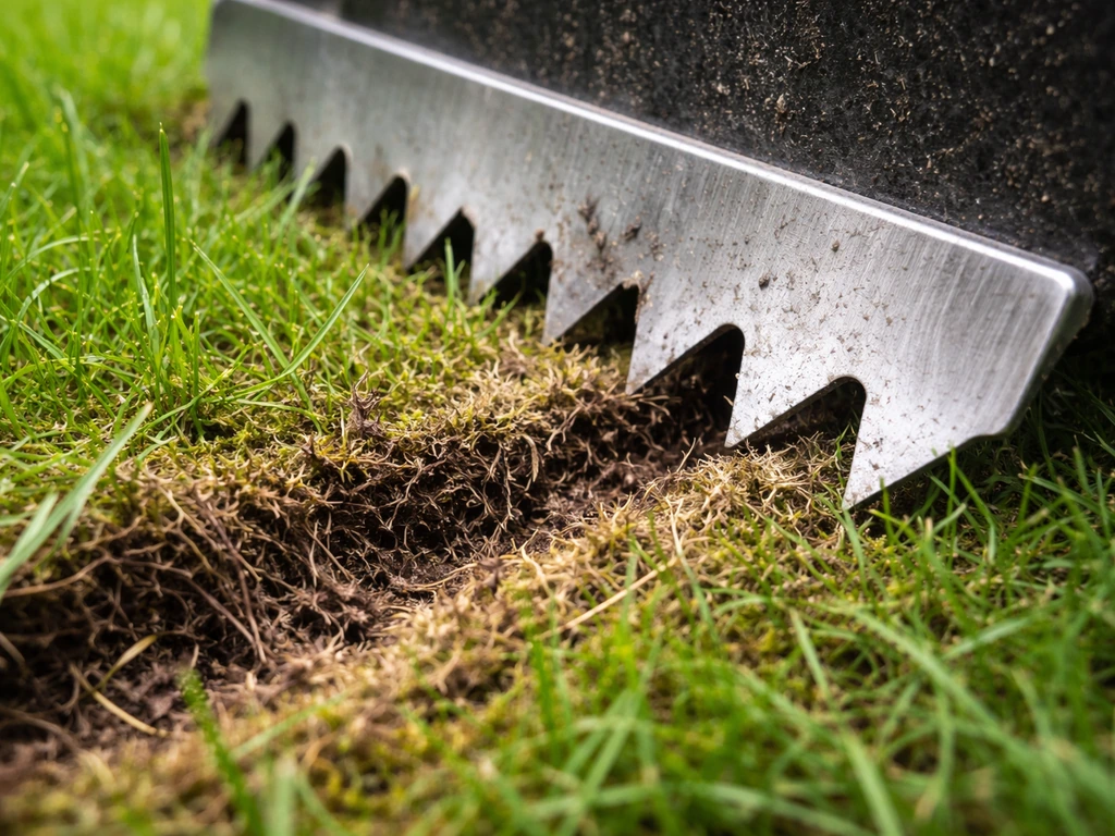 Close-up van een verticuteermes dat vilt in een gazonmat insnijdt, met zichtbaar dood gras en moslaag.