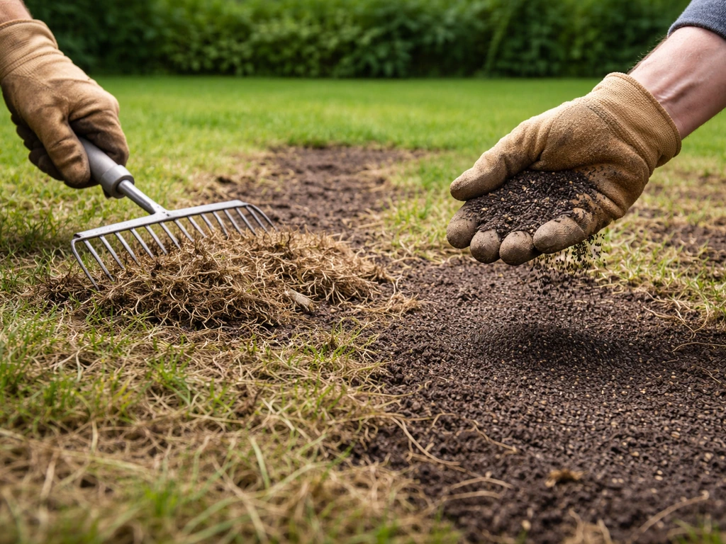 Tuinier met hark en doorzaaisel op een opengewerkt gazon na het verticuteren, dicht bij de grond