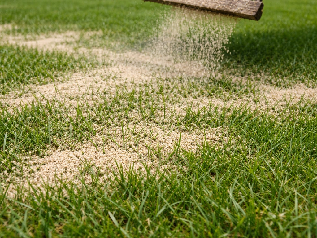 Close-up van gras met een dunne zandlaag die tussen de grassprieten wordt aangebracht.