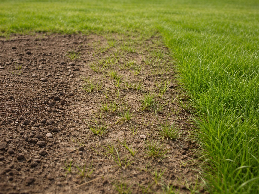 Close-up van een gazon met drie zones: kale plek, ijle opkomst en een gezonde, dichte grasstrook.