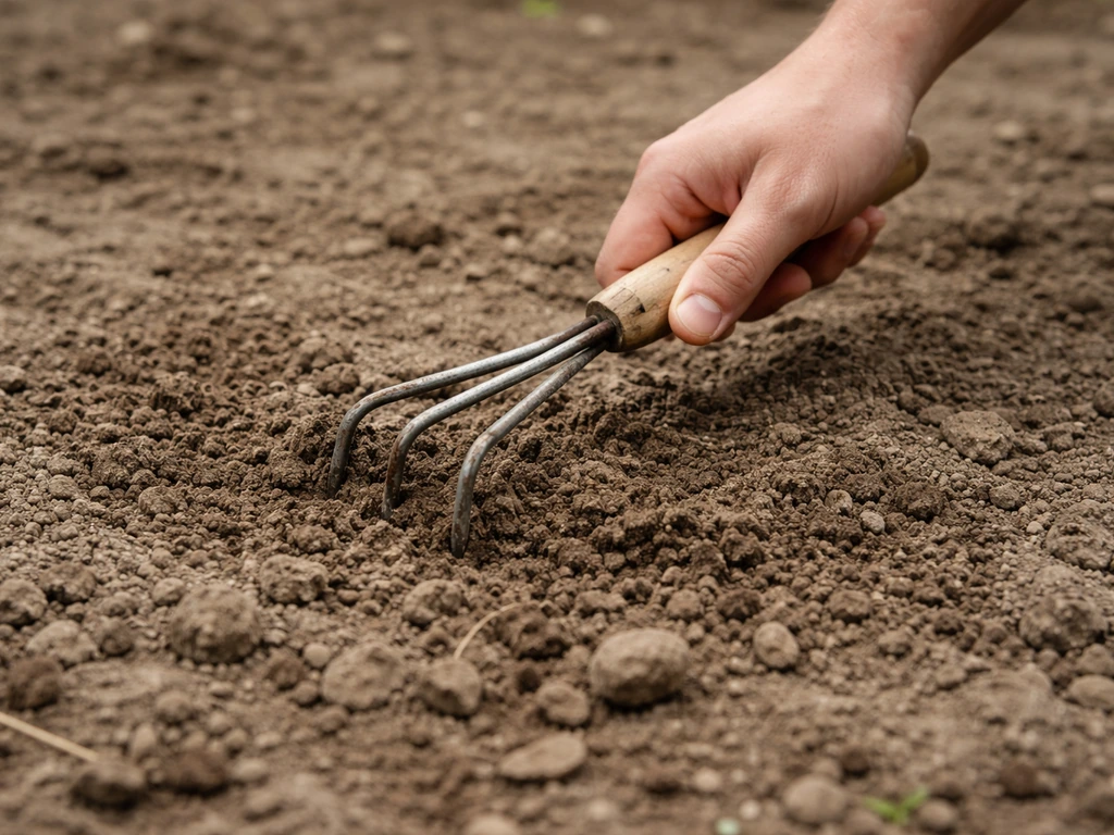 Iemand maakt met een handharkje de bovenste grondlaag los op een kale moestuinplek om te controleren op zaad.
