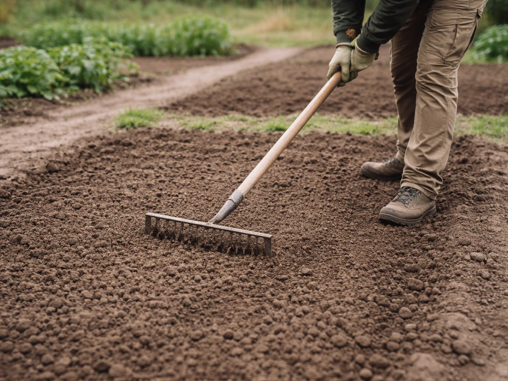Tuinier egaliseert een losgemaakt zaaibed met een hark, vlakke grond voor goed grondcontact