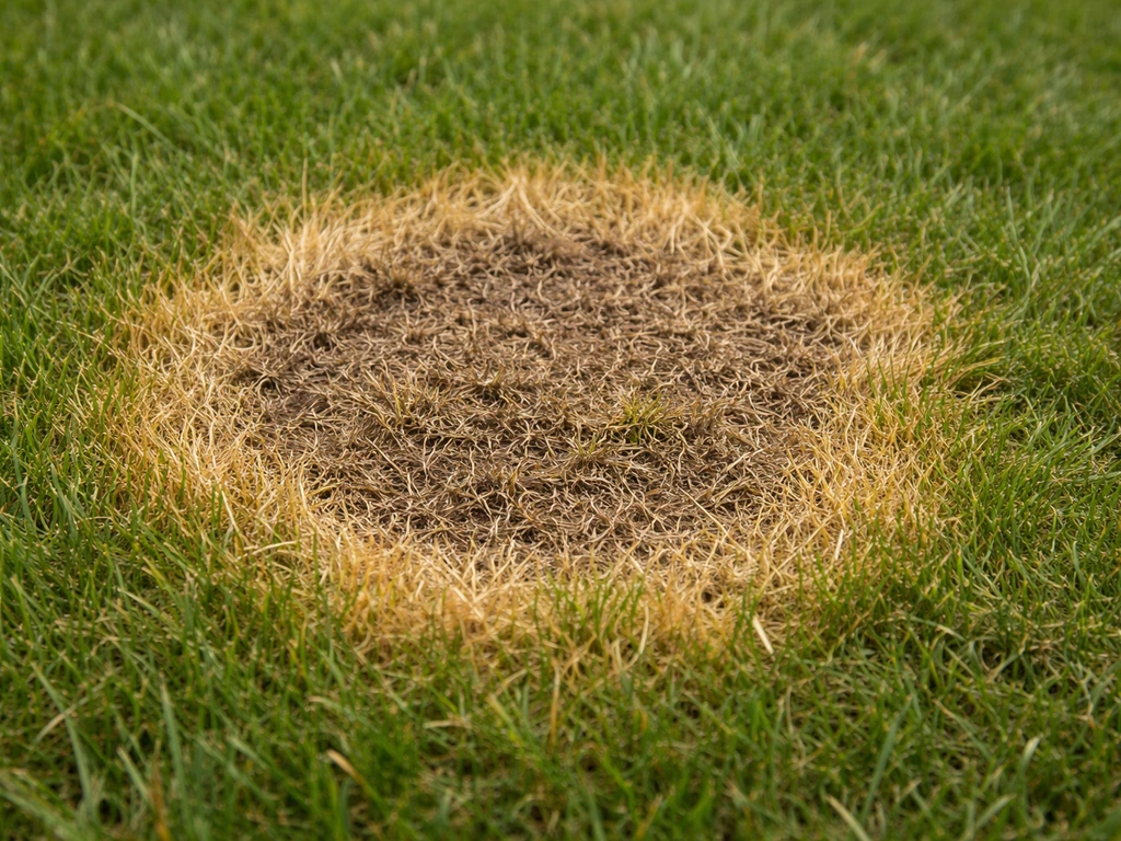 Close-up van ringvormige gele/bruine schimmelplekken op het gazon met beschadigd gras in het midden.