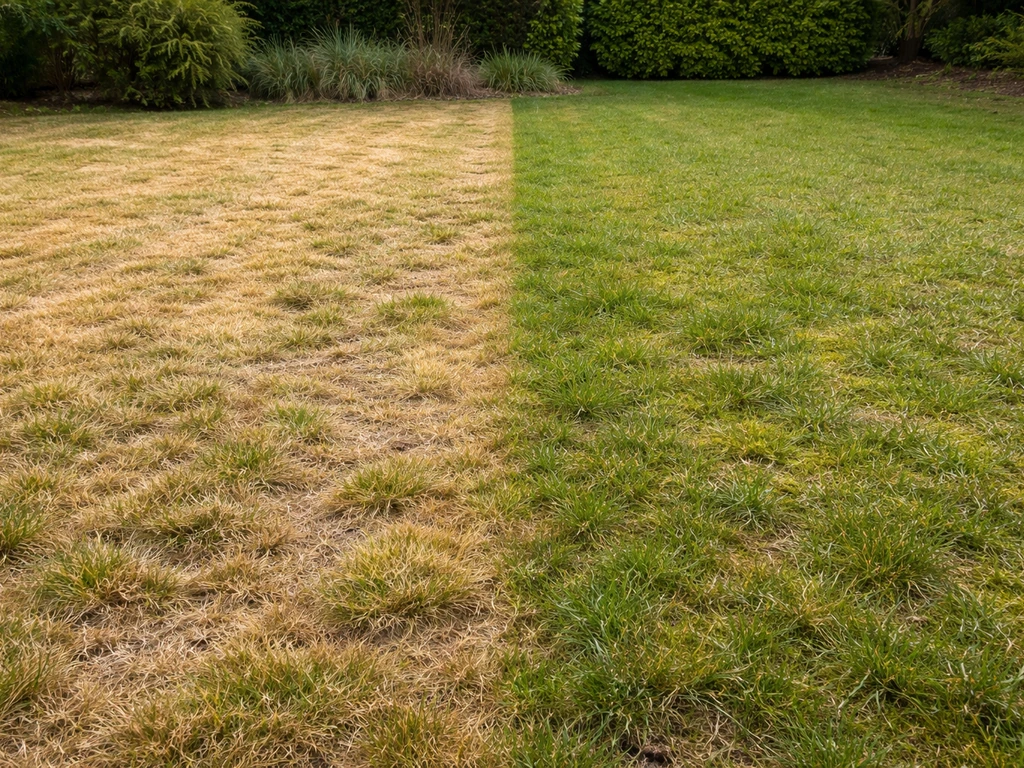 Tuin met gescheiden stroken: geel/bruin droogtestressgras versus weelderig mosrijk gazon na natte periode.