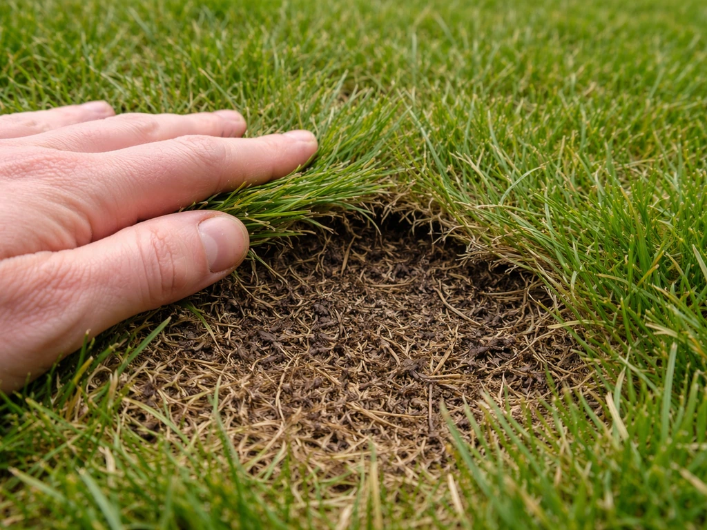 Close-up van vilt in een gazon: bruin-zwart dood plantenmateriaal zichtbaar tussen grashalmen.