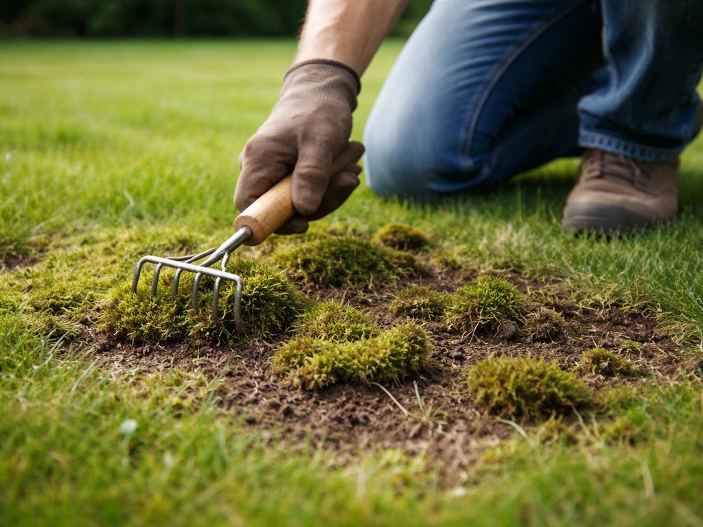 Tuinier die met hark mos verwijdert uit een mosrijk stuk gazon, los mos op de grond