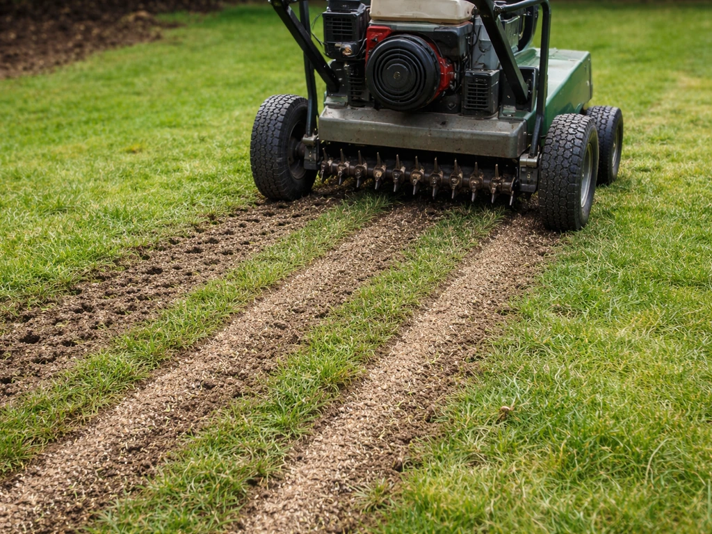 Beluchtingsmachine maakt gaten in het gazon; net doorgezaaide zaadstroken zijn zichtbaar naast het werk.