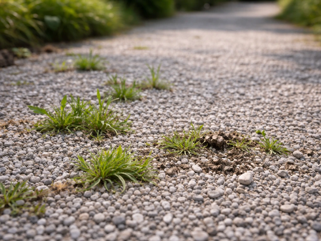 Oprit met grind en steentjes; gras- en onkruidsprieten groeien tussen het grind, beginfase van verwijderen.