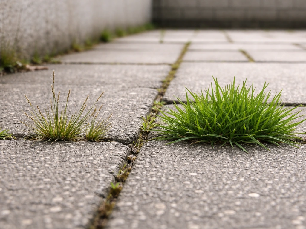 Close-up van gras in voegen: links kleine sprietjes, rechts dicht en steviger gras tussen tegels.