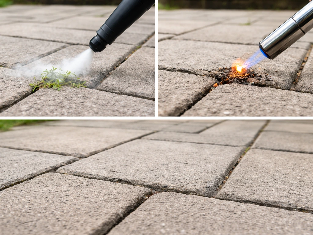 Stoomreiniger en onkruidbrander op terras: hete stoom versus vlam bij onkruid, met onbeschadigde stenen op de voorgrond.