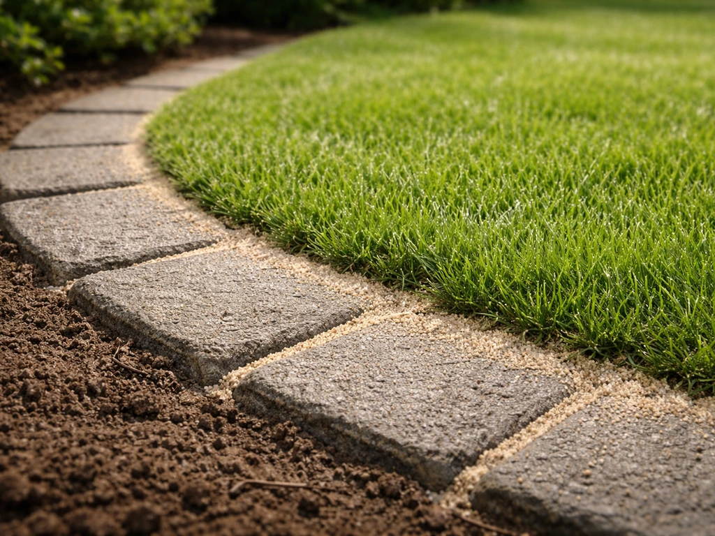 Close-up van gevulde voegen met zand/voegmateriaal na het verwijderen van gras, zonder blootliggende randen.