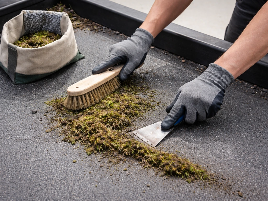 Handen met handschoenen op een plat dak die mos en gras mechanisch losmaken, met opvang voor het groen.
