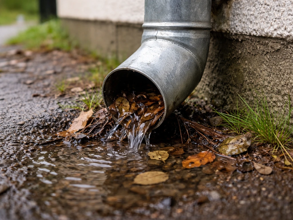 Close-up van een verstopte dakgootafvoer met water dat langzaam wegloopt en grasresten langs de rand.