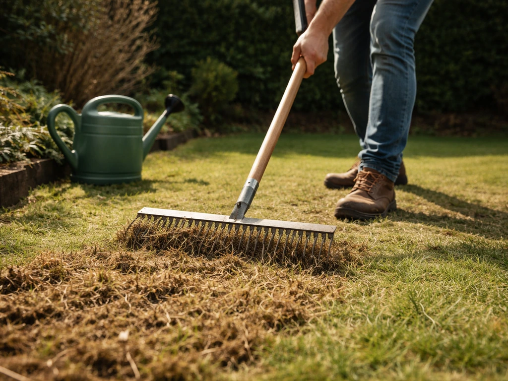 Tuinman die een grasperk verticuteert bij daglicht, met zicht op een lege gieter en bodem in focus.