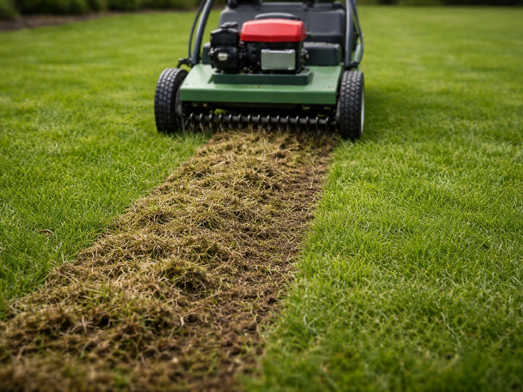 Verticuteermachine die over het gazon gaat, met zicht op verwijderde viltlaag.