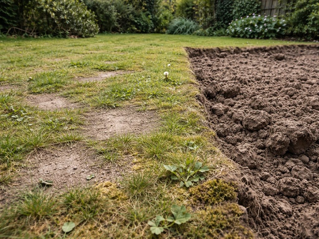 Gazons met kale plekken en mos naast een gegraven stuk grond met harde, verdichte bodem.