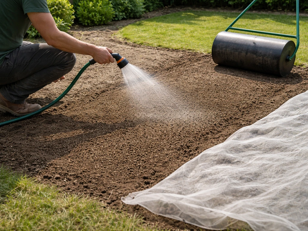 Tuinier sproeit licht vochtige graszaadgrond, daarna aanrollen met wals en losjes afdekken
