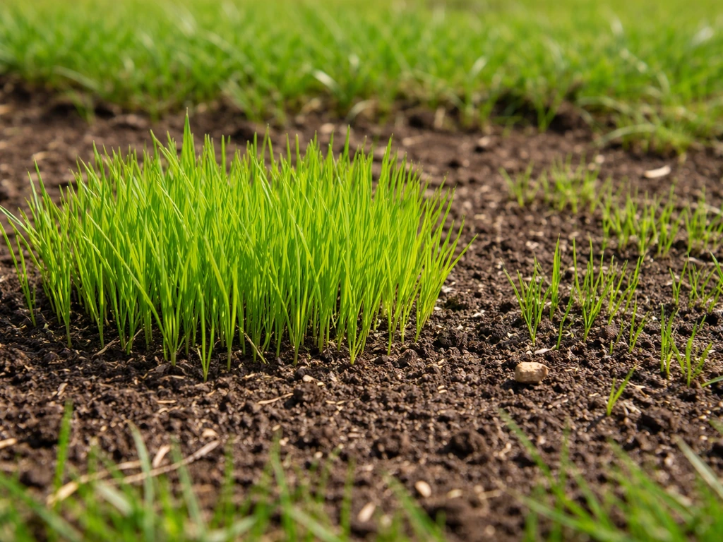 Close-up van te dicht op elkaar groeiende graskiemplanten in een ingezaaid vak, met spaarzamere plekken.