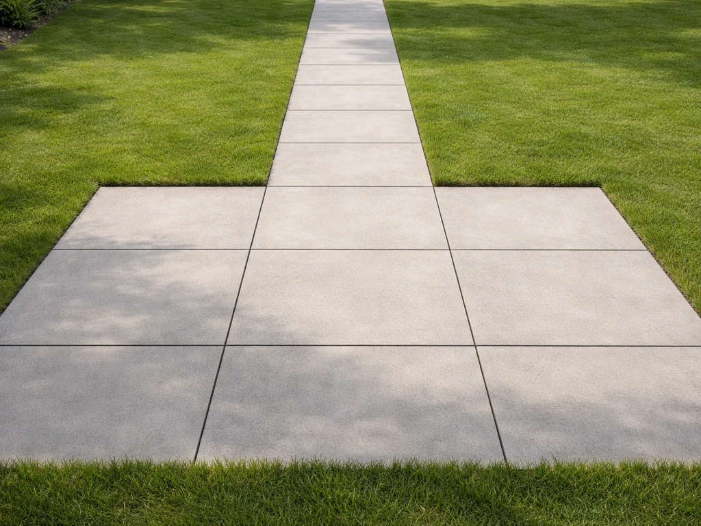 Minimalistische tuinlay-out met tegelterras en loopstroken, met graszone en duidelijke overgang.