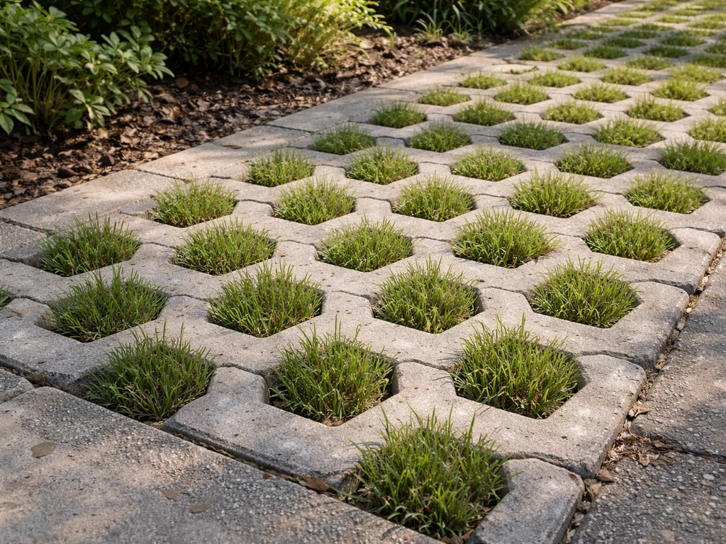 Grasklinkers met gras in een betonnen rooster op een looppad, licht belaste toepassing
