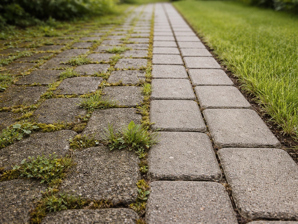 Close-up van een tuinpad met mos op tegels links en een strakke, nette rand met kantafwerking rechts.