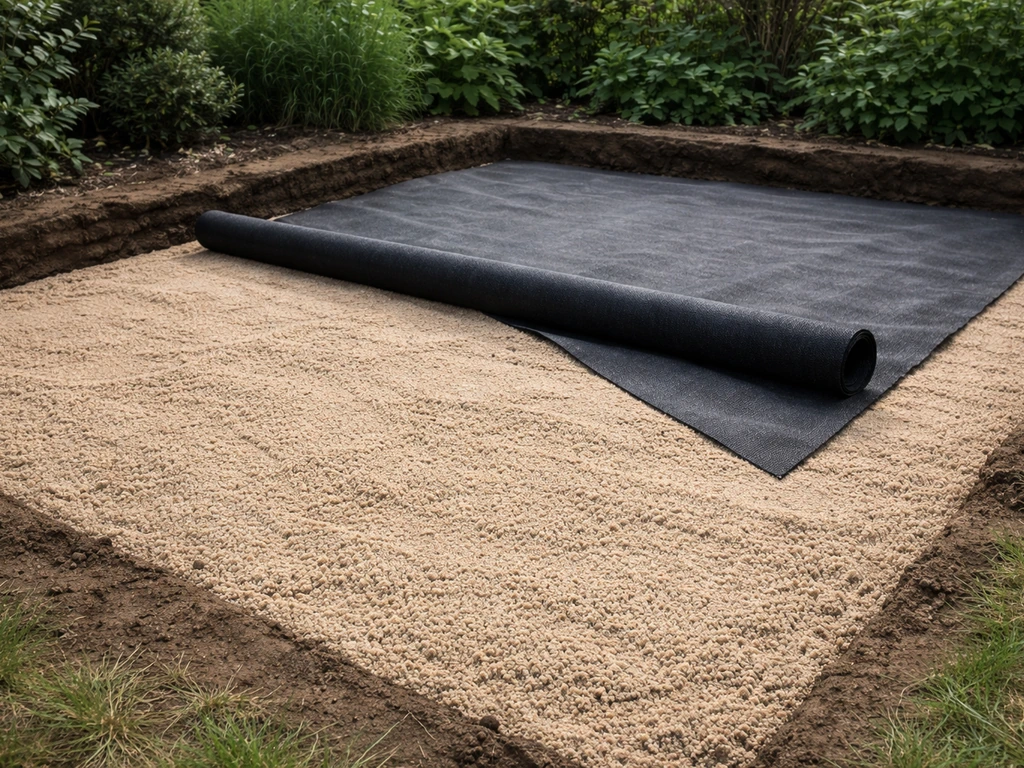 Voorbereid terras: geëgaliseerd drainzand met zichtbaar worteldoek als ondergrond voor tegels.