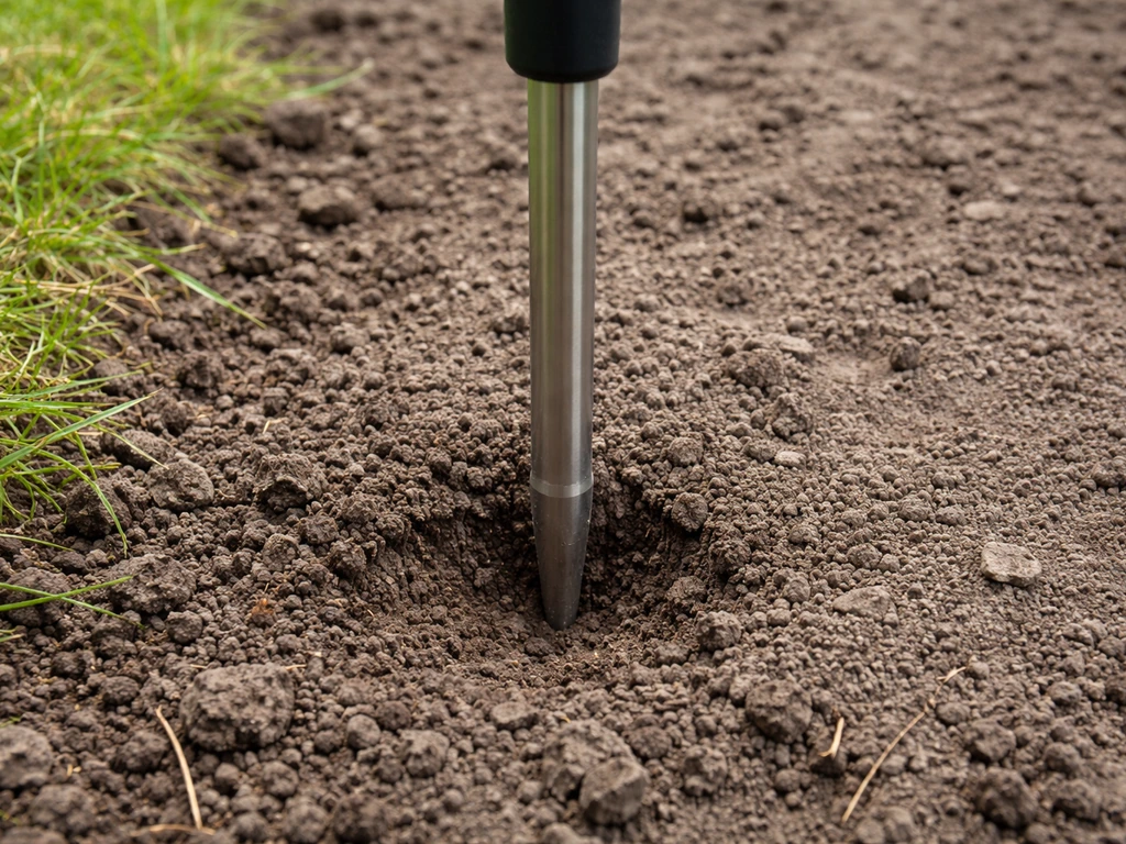 Close-up van een schroevendraaier die in de grond wordt gedrukt om bodemverdichting te beoordelen.