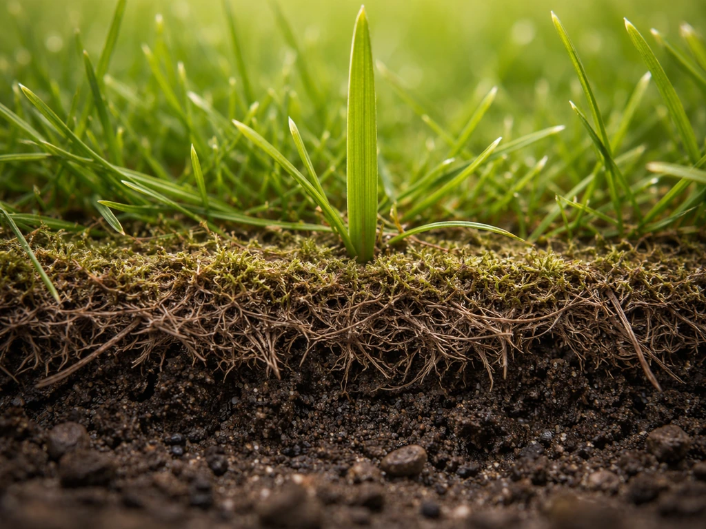 Close-up van een grasspriet met bruinige viltlaag/moslaag tussen groen gras en bodem.