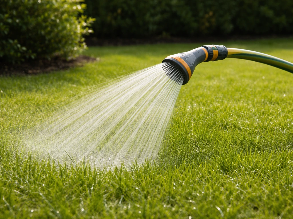 Tuinslang met sproeier die gelijkmatig water geeft op het gazon tijdens een zomerse dag.