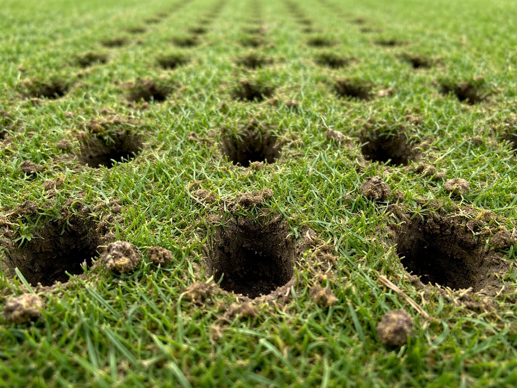 Close-up van een gazon met zichtbare holle beluchtingsgaatjes en plantresten na beluchten