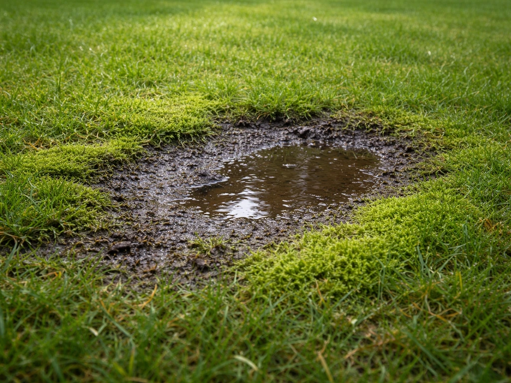 Natte plek op een gazon die na regen niet snel opdroogt, met mosvorming rond de plassen