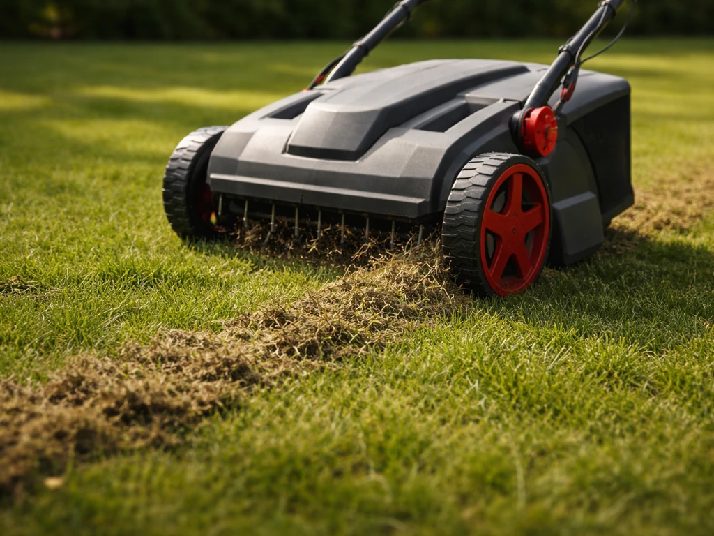 Verticuteer- en beluchtingsmachine die vilt en oppervlaktelaag loswoelt op een gazon, eind mei sfeer.