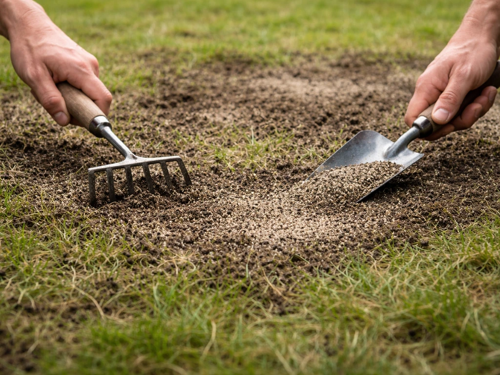 Handen verdelen en egaliseren topdressing van compost en rijnzand over een verticuteerd gazon.