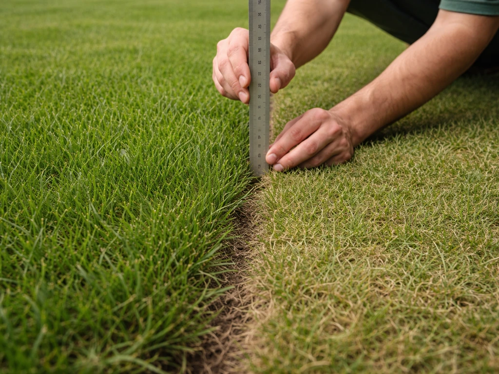 Lage camerahoek op een gazon met meetlat om hoogteverschil te controleren tussen stukken gras.