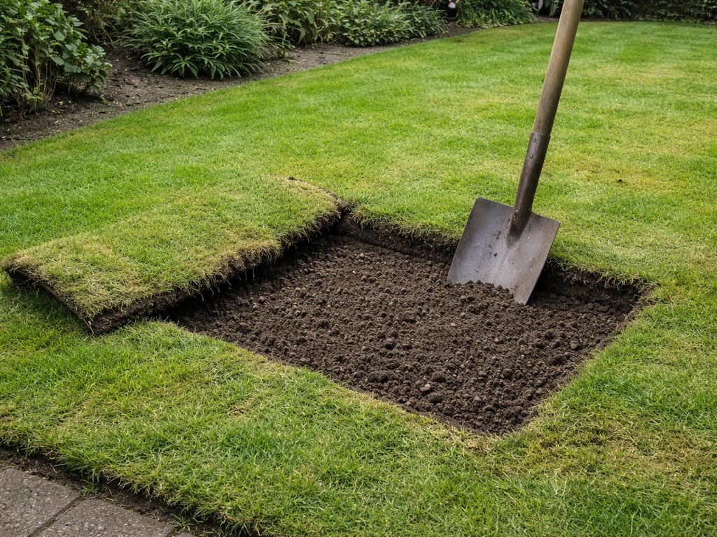 Opengesneden zode ligt opzij terwijl verzakking wordt opgevuld en maaiveld wordt bijgewerkt.