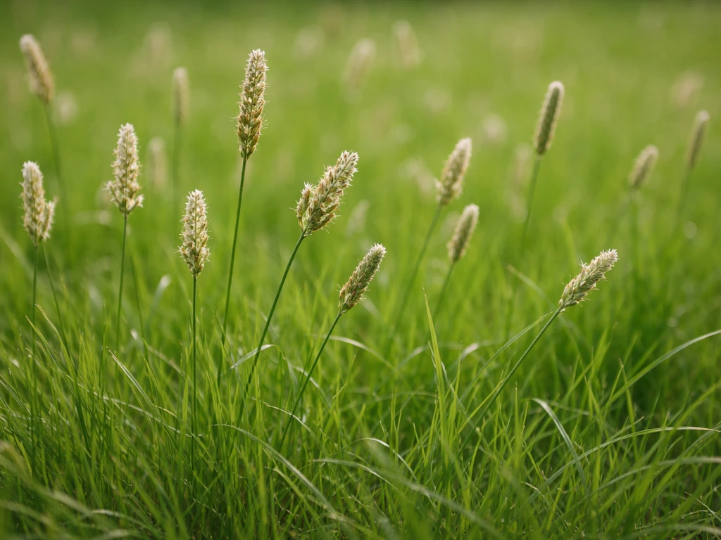 Gras bloeit op een Nederlands gazon: bloeiaartjes scherp in beeld, omliggend gras zacht onscherp