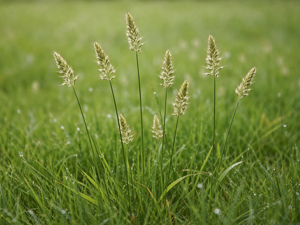 Close-up van grasbloei op een gazon, met lange dunne stengels en zichtbare bloeiaren boven het gras.