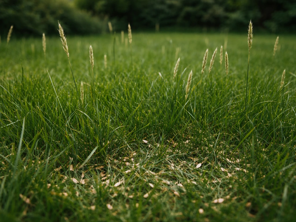 Zicht op een bloeiend gazon met aren boven het gras en zichtbaar graszaad op de grond