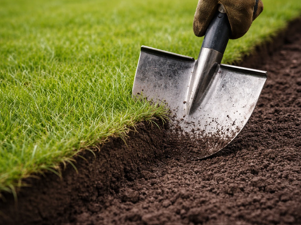 Close-up van een graskantsteker/halfronde steekspade die een nette, halfronde snede maakt langs de gazonrand.