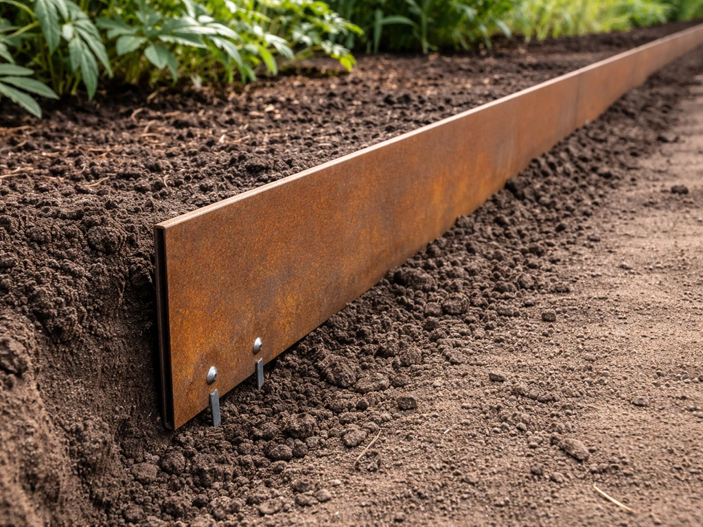 Strakke metalen borderrand langs een tuinperkje, met zicht op ingegraven diepte en bevestiging in de grond.