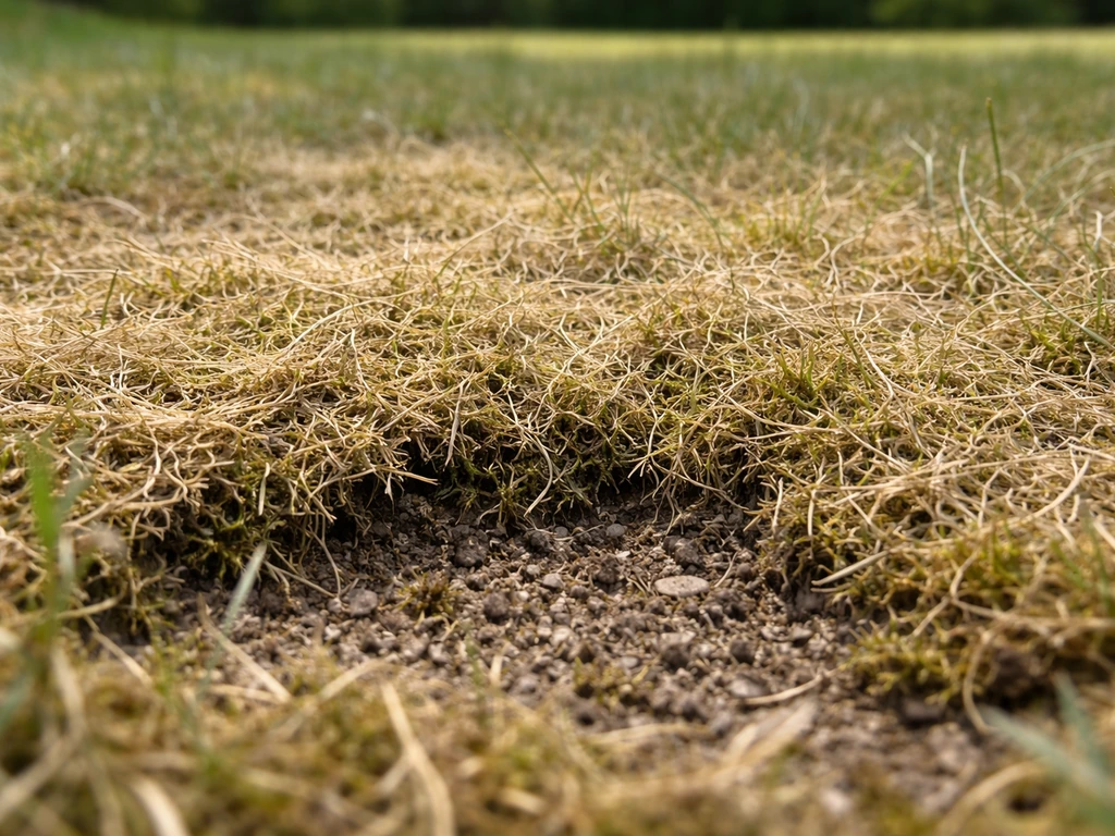Close-up van een gazonplekje met zichtbare viltlaag van dode grassprieten en mos net boven de bodem.
