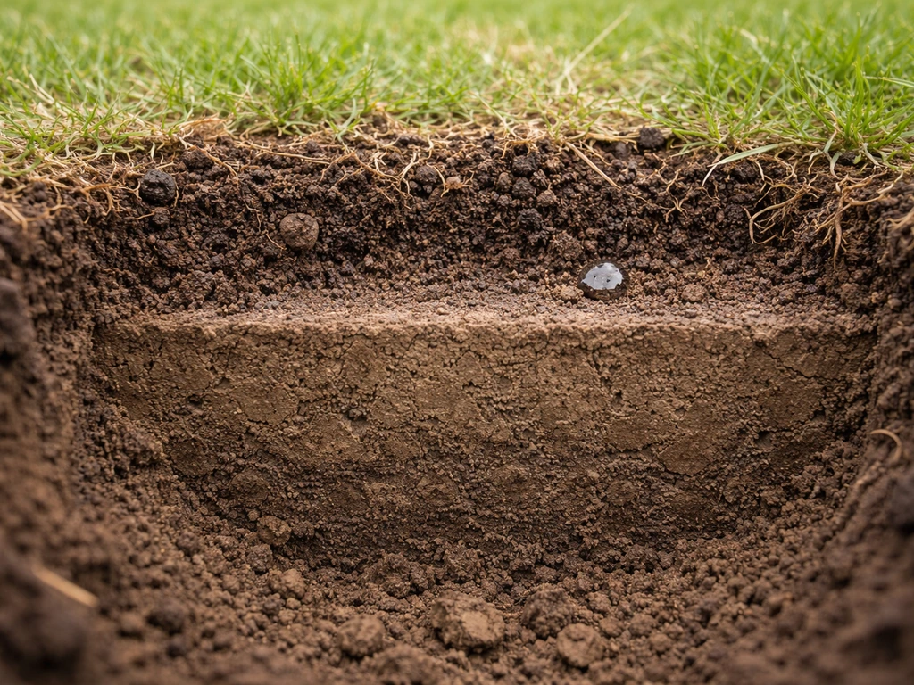 Close-up van een opengegraven bodemdoorsnede met een compacte laag die water slecht doorlaat.
