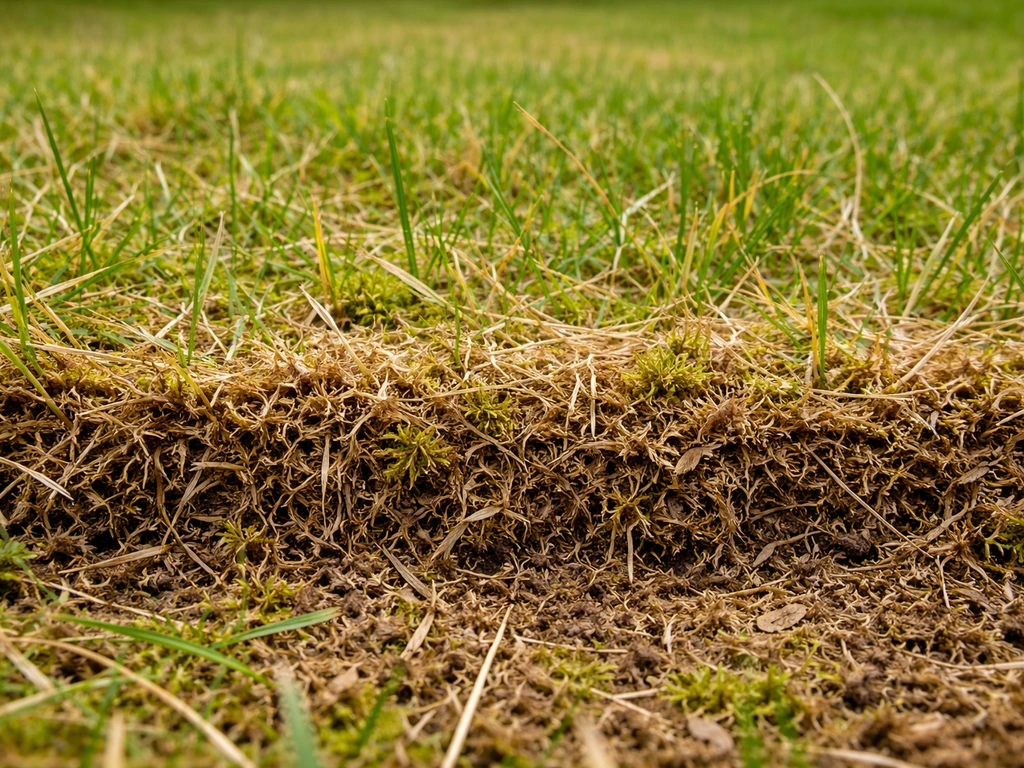 Close-up van een gazon met een viltlaag waarin maaisel en dode grasresten ophopen.