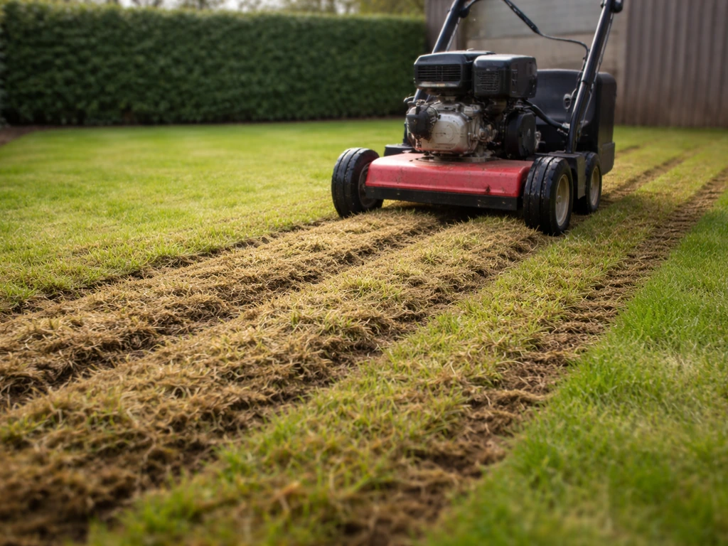 Verticuteermachine trekt door Nederlands gazon en opent parallelle stroken vilt en snedes.